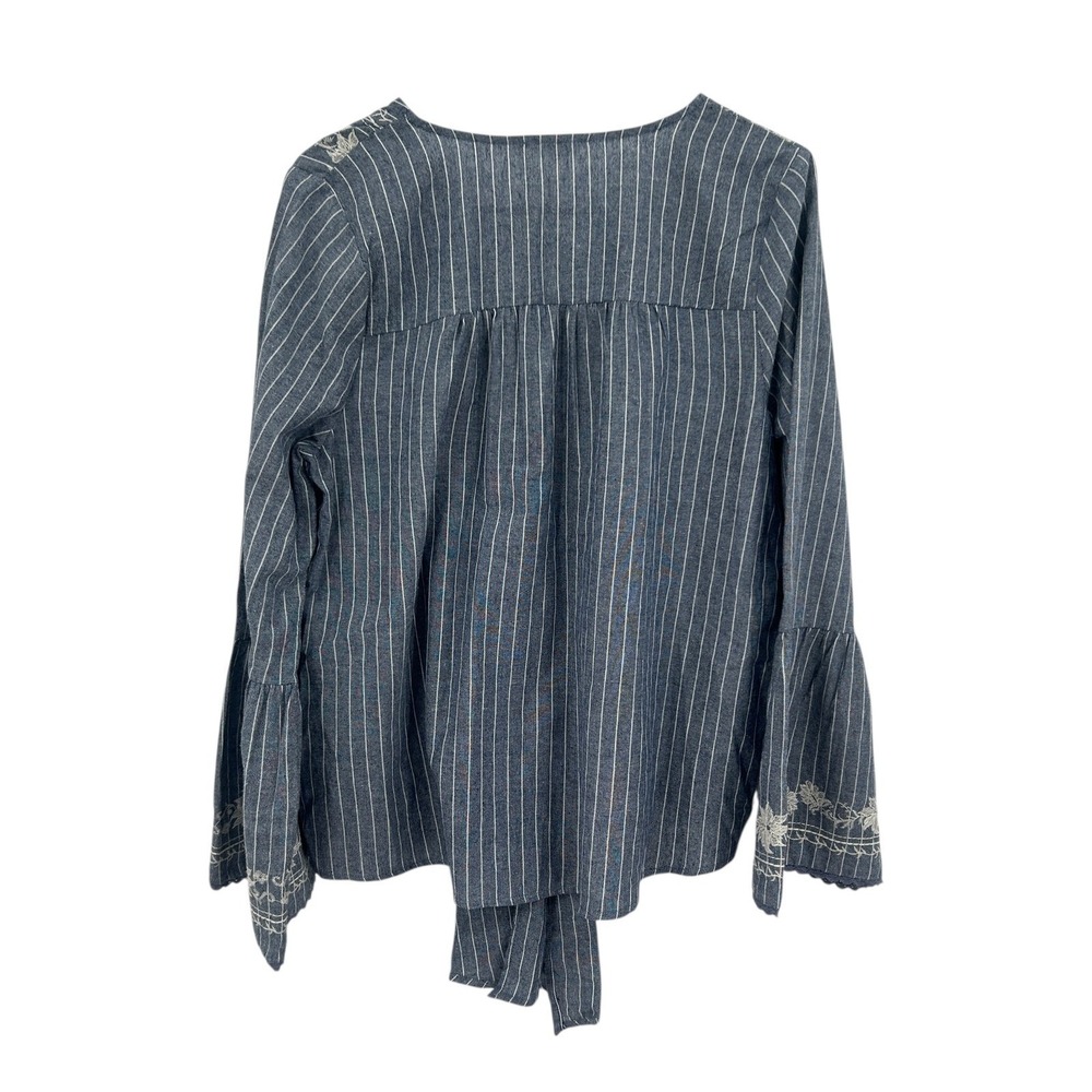 Embroidered Linen Blend Blouse M Blue Pinstripe Tie Front Boho Earthy Artsy - Picture 7 of 9